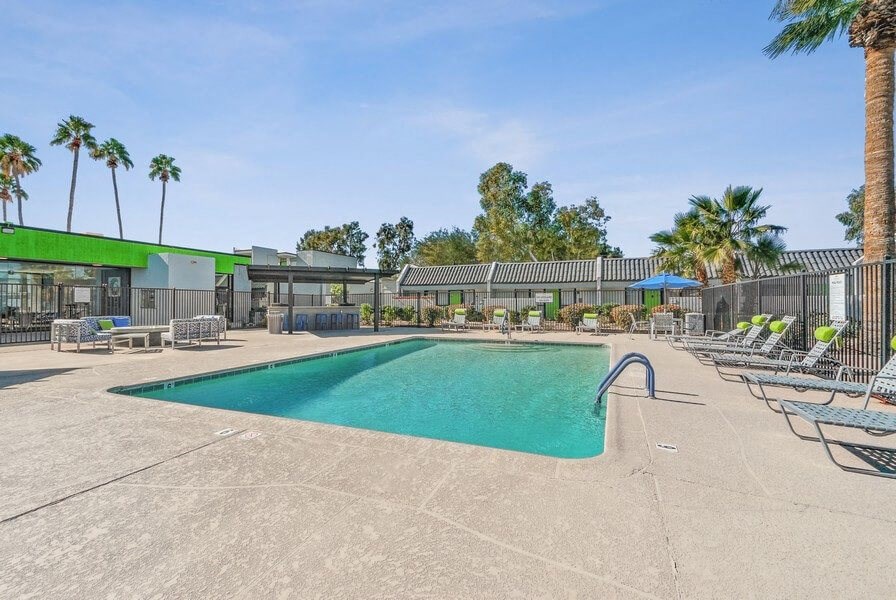 View of swimming pool and sun deck