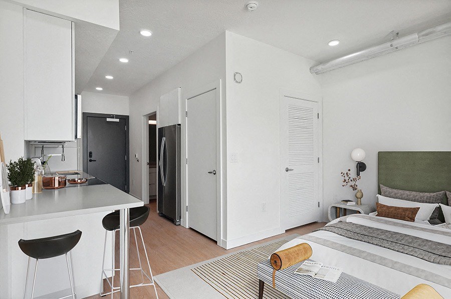 Model studio apartment interior at 801 Flats located in Post District Residences in downtown Salt Lake City, Utah