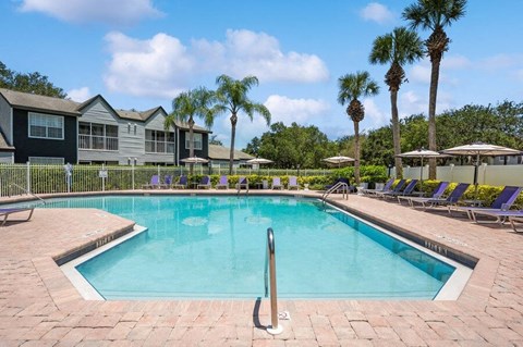 Community Swimming Pool with Pool Furniture at Waverley Place Apartments in Naples, FL.