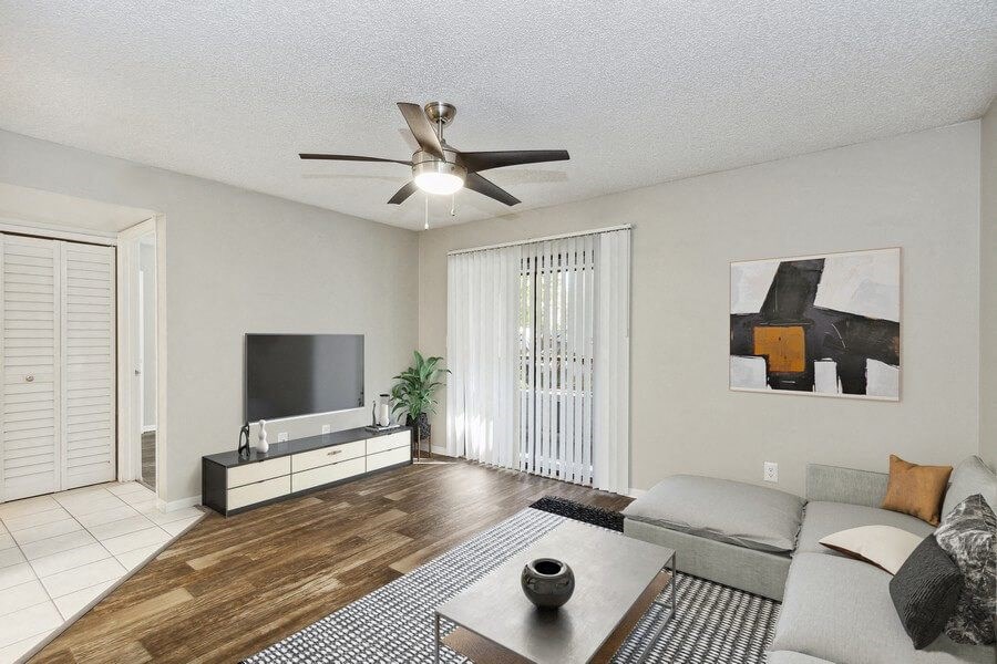 Model living room with sliding glass door
