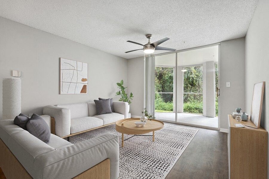Model living room with patio door