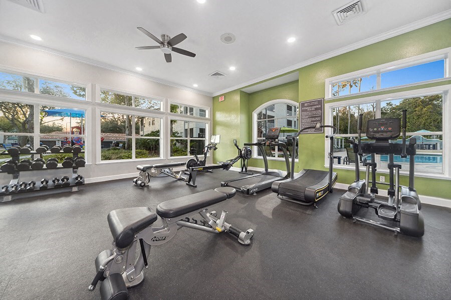 Community Fitness Center with Equipment at Vinings at Hunter's Green Apartments in Tampa, FL.
