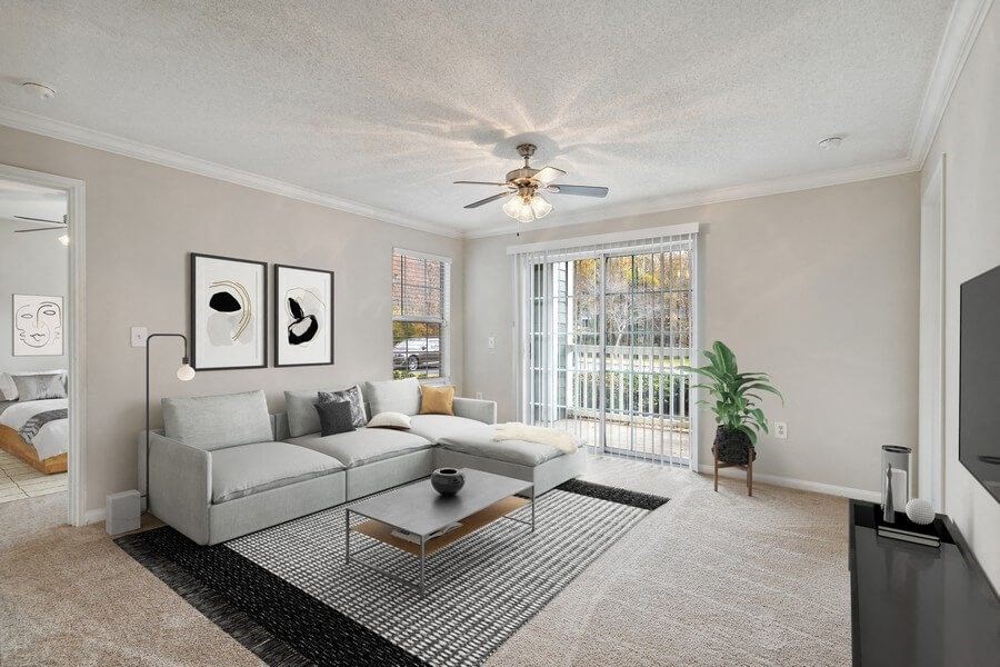 Model living room with sliding glass door