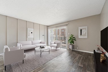 Model living room and patio door