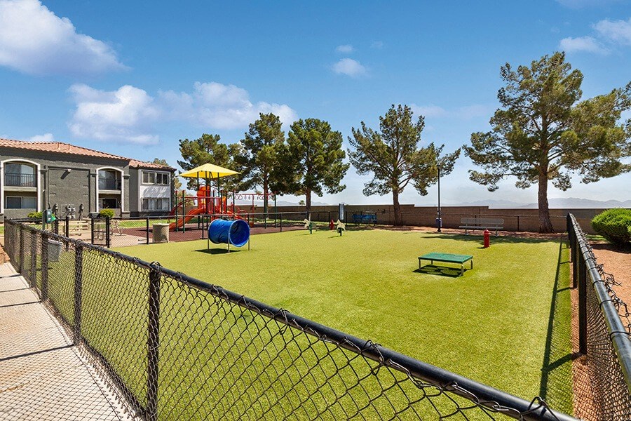 Community Dog Park with Agility Equipment at Loma Vista Apartments in Las Vegas, NV.