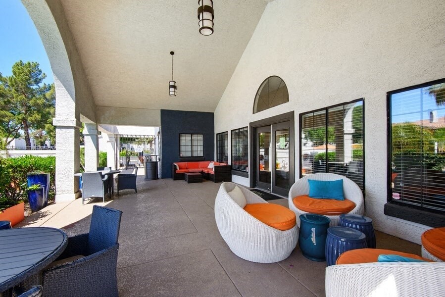Covered outdoor poolside lounge area at Lore South Mountain, Phoenix, 85044