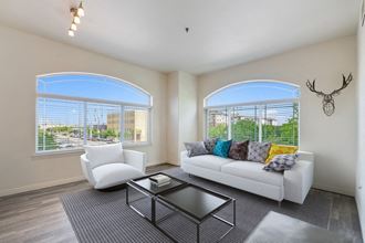 Model living room showcasing 2 large windows