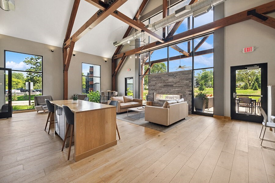 Community Clubhouse with Lounge Furniture and Fireplace at Elevate on Parkway, Burnsville, MN