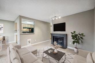 Model living room with fireplace