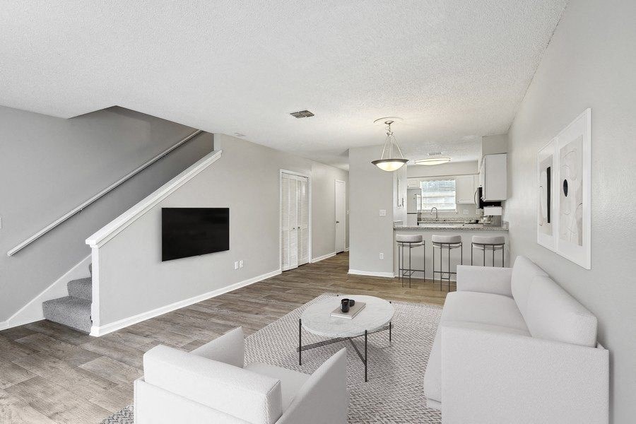 Model living room and kitchen area