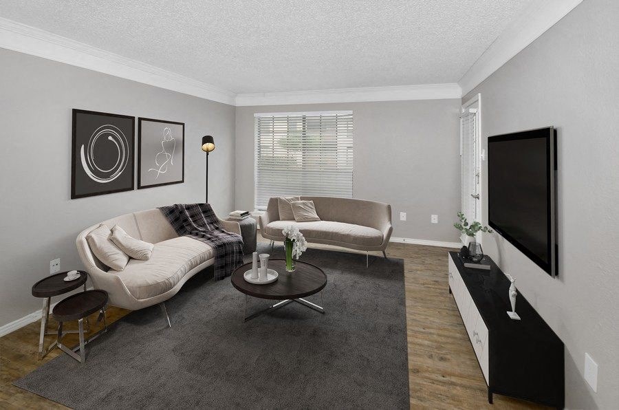 Model living room couch and a television