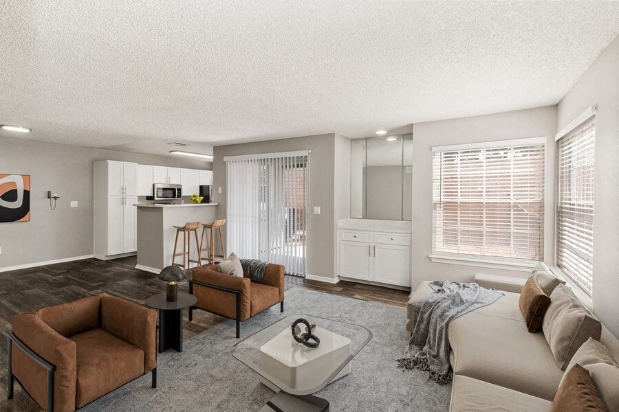 Model living room showcasing large open living spaces