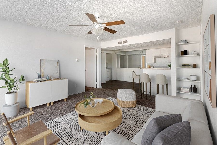 Model living room with ceiling fan