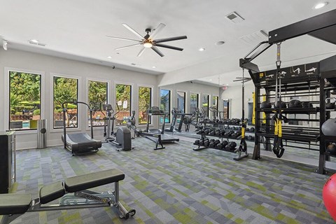 Community Fitness Center with Equipment at Retreat at Stonecrest Apartments located in Lithonia, GA.