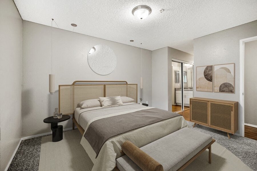 Model bedroom with attached bathroom