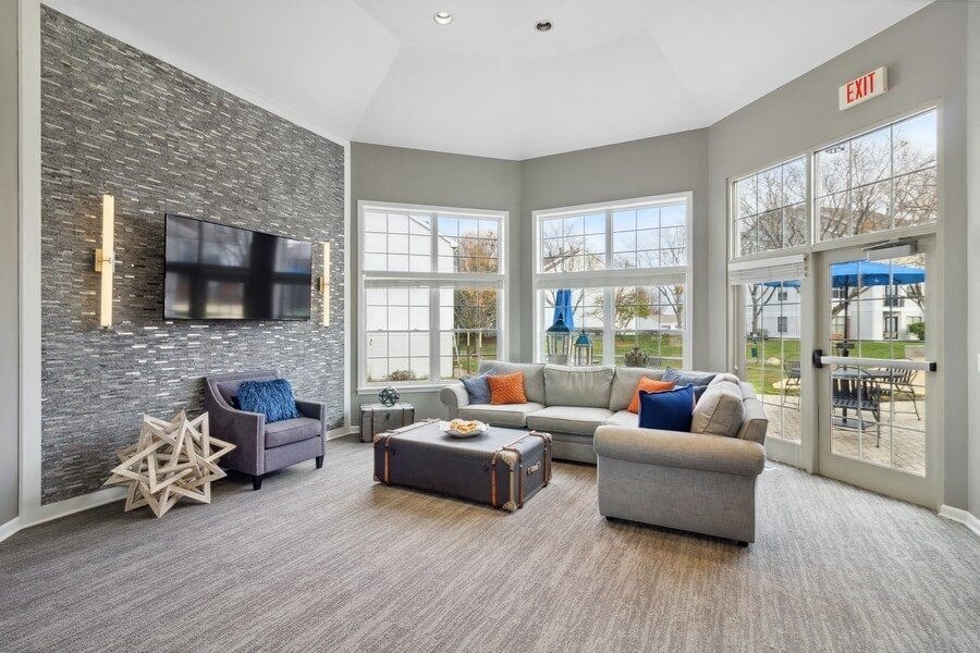 Clubhouse lobby with large community couches