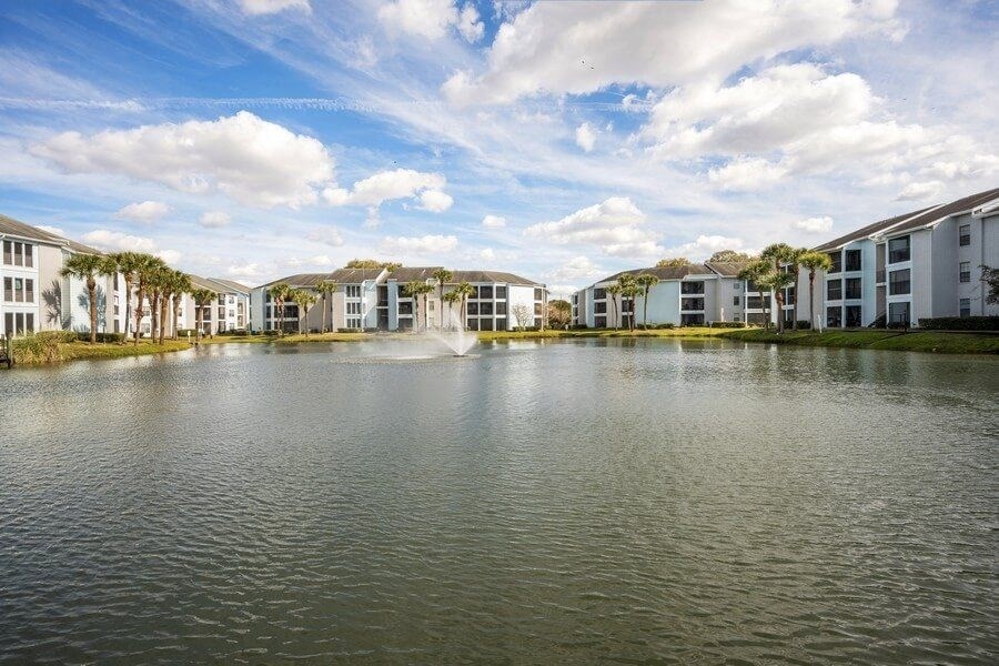 View of apartments on the edge of the lake