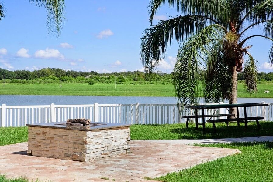 Outdoor picnic area with view of lake