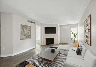 Model living room with fireplace