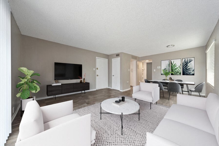 Model living room with dining