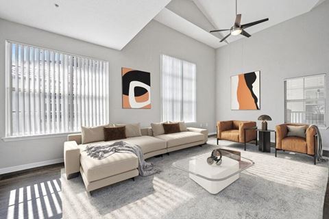 Model living room showcasing large windows