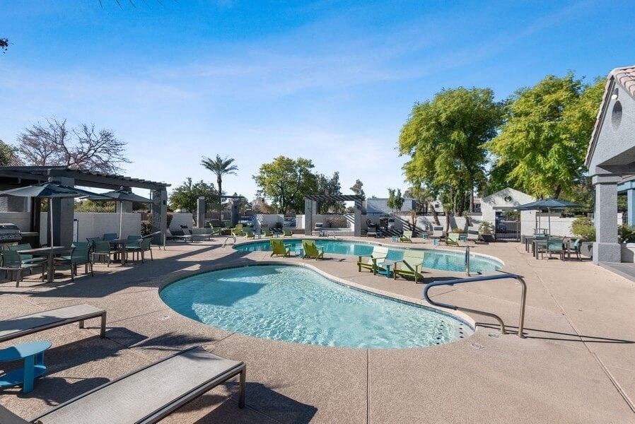 Swimming pools next to eachother at Array South Mountain, Arizona, 85044