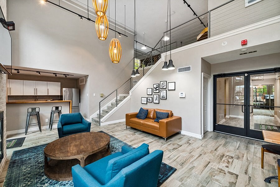 Community Clubhouse with Upstairs at Dallas North Park Apartments in Dallas, TX.