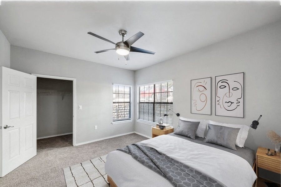 Model primary bedroom at Bridges at Oakbend, Lewisvillle, TX, 75067