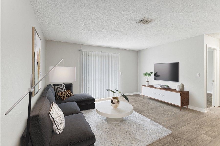 Model living room with sliding door