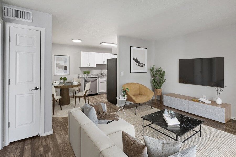 Model living room and dining room.