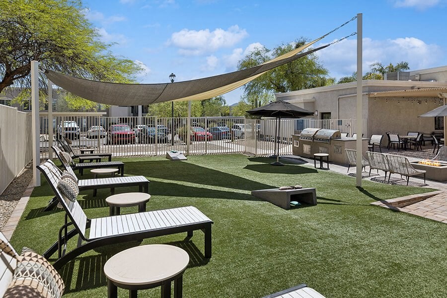 Outdoor Corn Hole Area at Ridgeline Apartments in Tucson, AZ.