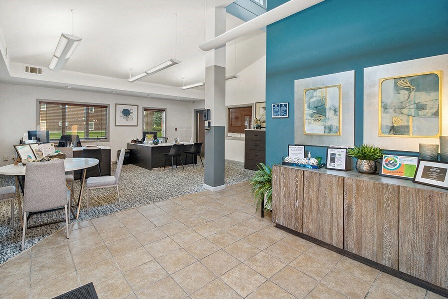 Leasing office lobby  at Stone Ends apartments in Stoughton, MA
