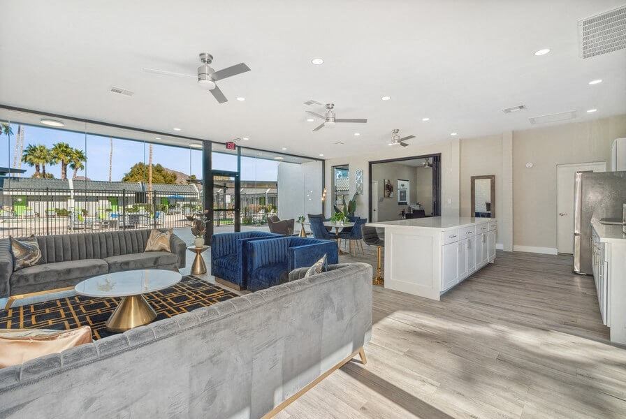 Clubhouse interior with large bay windows