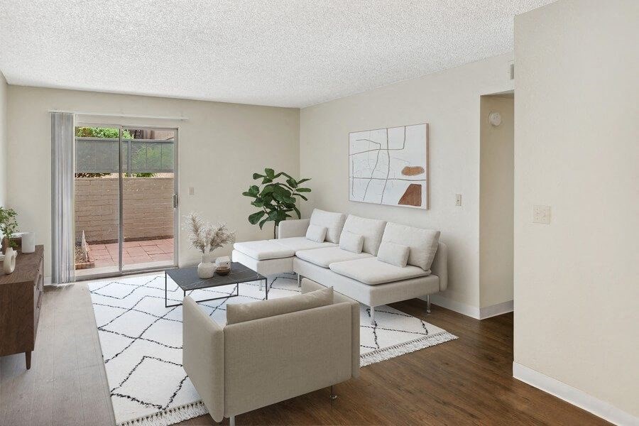 Model living room with glass sliding door