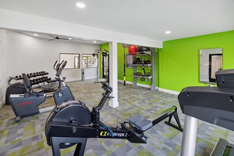 A gym with a treadmill and other exercise equipment at Lakeside Casitas in Tucson, AZ