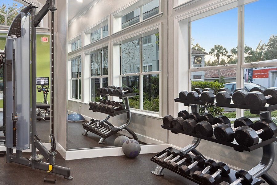 Community Fitness Center with Equipment at Vinings at Hunter's Green Apartments in Tampa, FL.