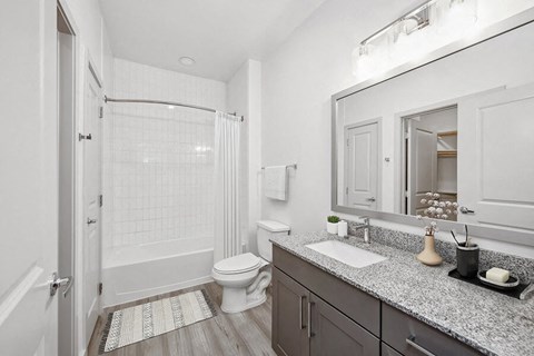 Model Bathroom with Gray Cabinets, Wood-Style Flooring and Shower/Tub at Alta 3Eighty Apartments located in Aubrey, TX.