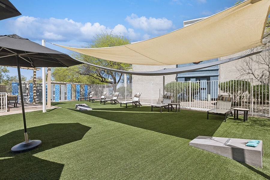 Outdoor Corn Hole Area at Ridgeline Apartments in Tucson, AZ.