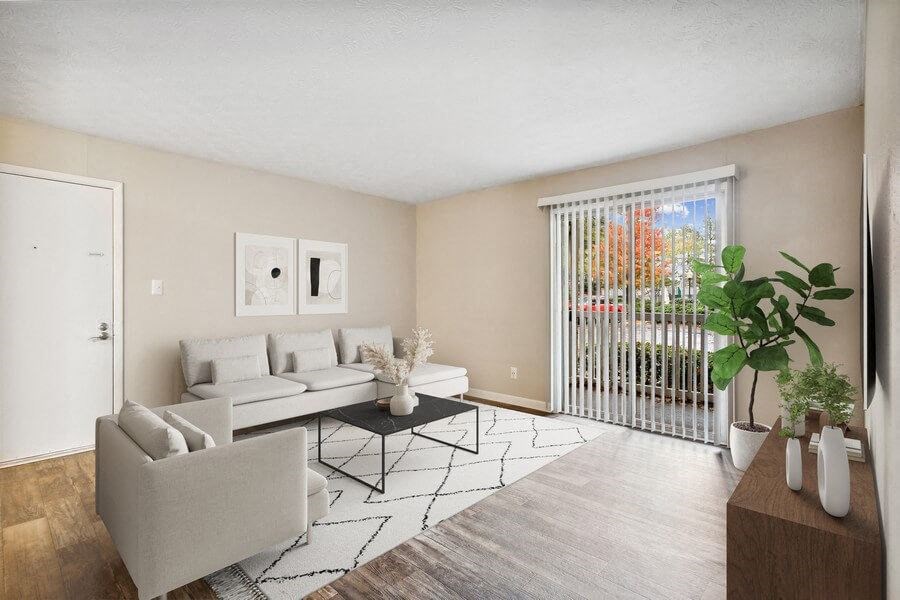 Model living room with patio door