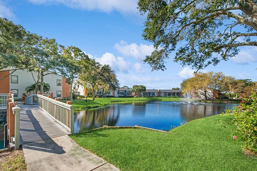 Community Pond and Landscape at Bridges at Bayside Apartments in St. Petersburg, FL.