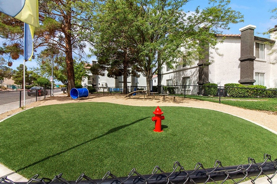 Community Dog Park with Agility Equipment at Meadow Ridge Apartments in Las Vegas, NV.