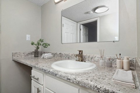 Model bathroom with white vanity