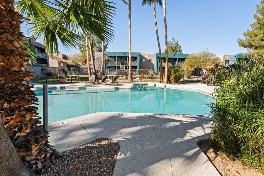 Poolside cabanas and lounge chairs