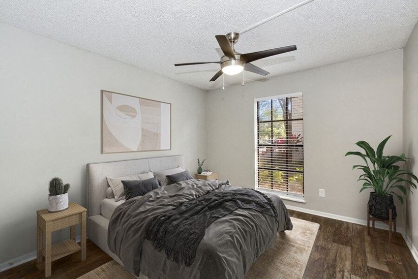 Model bedroom with ceiling fan