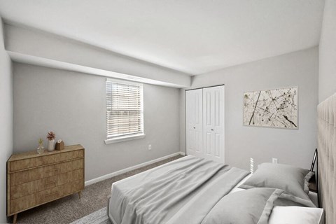 Model bedroom with large windows