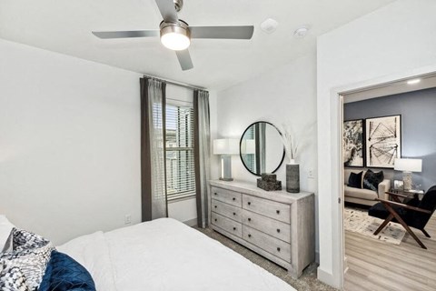 Model bedroom with ceiling fan