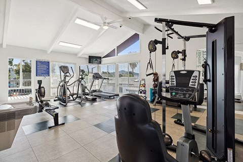 Apartments for Rent in El Cajon, CA - Colonnade at Fletcher Hills - Fitness Center with Cardio Machines, Weight Station, Tile Flooring, High Ceilings, and Large Windows with Greenery Views.