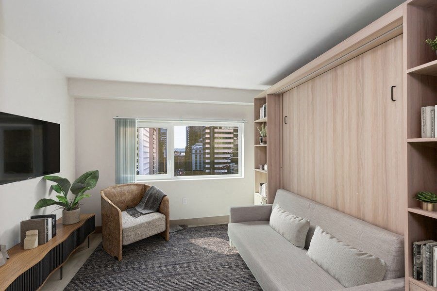 Model apartment with murphy bed stored