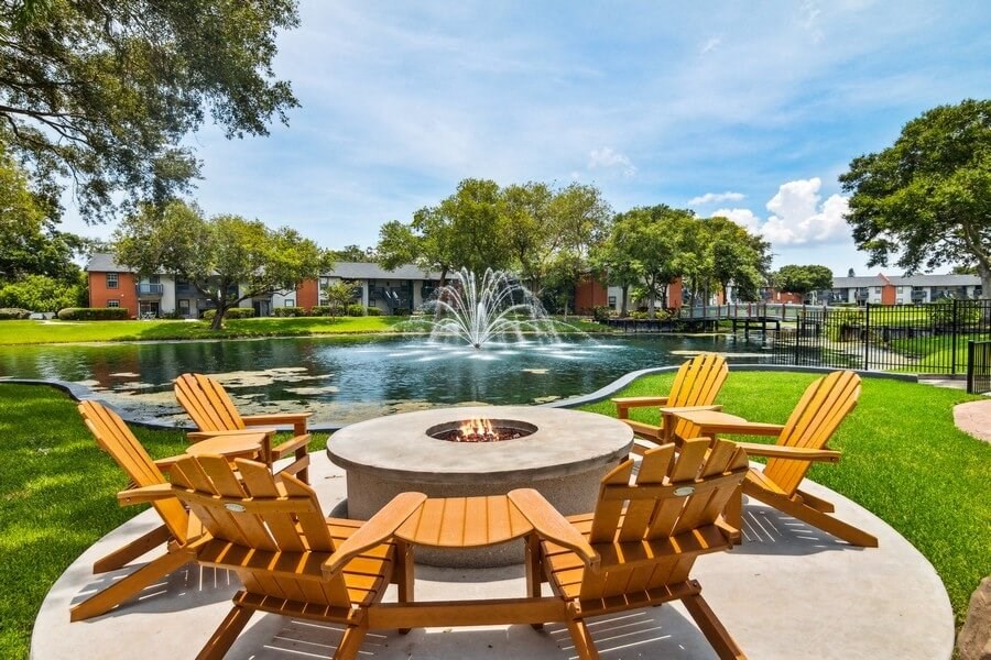 Outdoor fire pit with lounge chairs