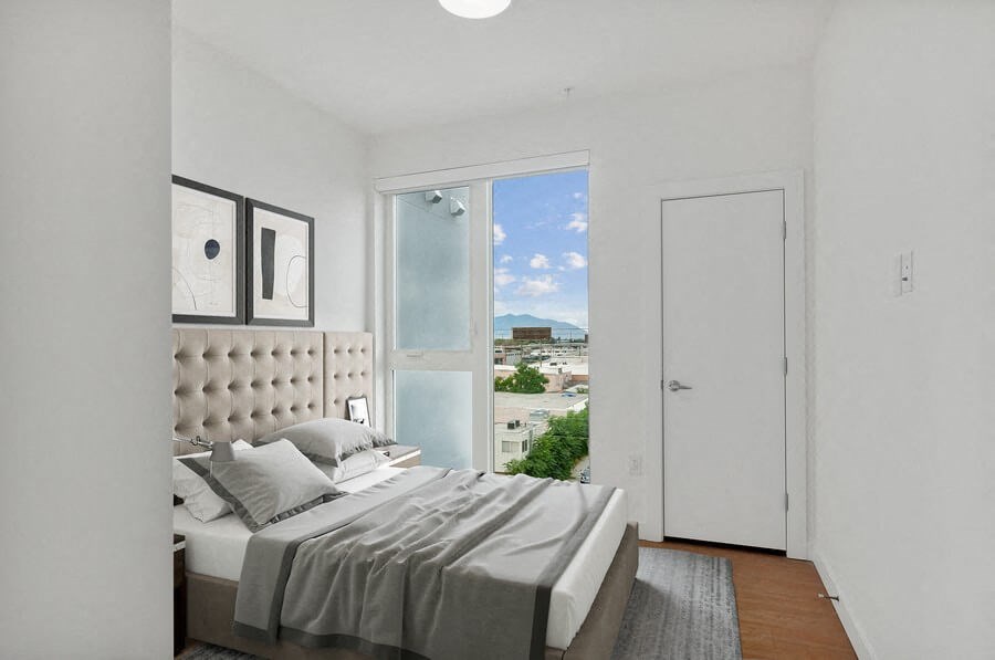 Model bedroom at 801 Flats located in Post District Residences in downtown Salt Lake City, Utah